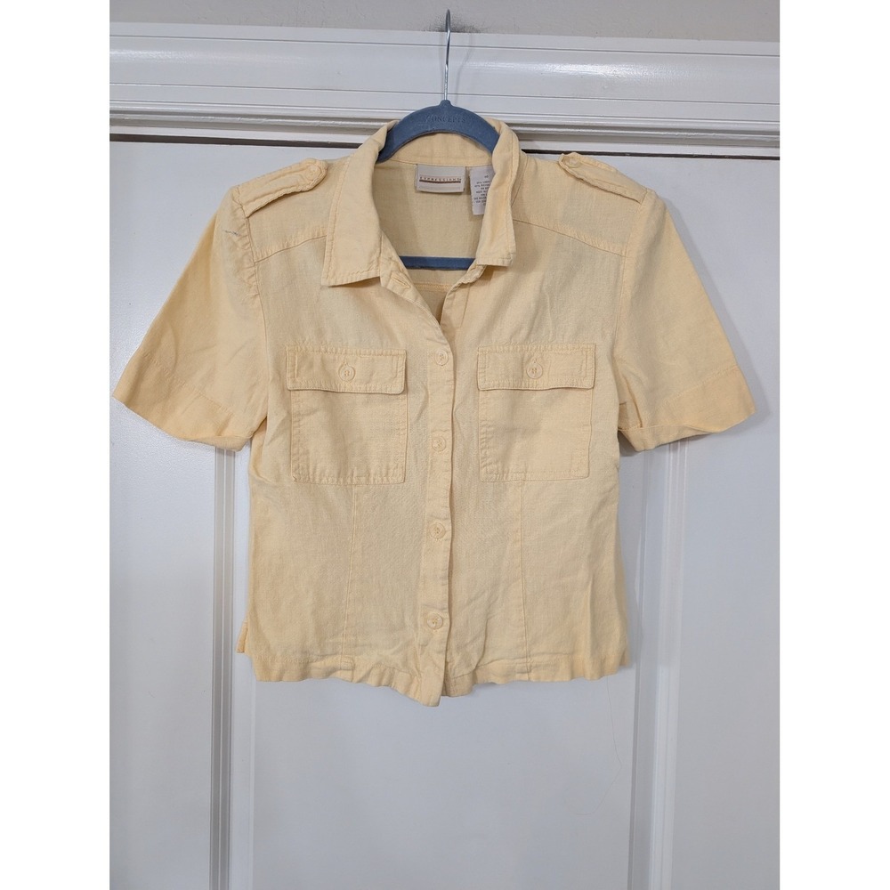 Expressions Yellow Linen Blend S/S Button Down Shirt 10 utility‎ military Y2K